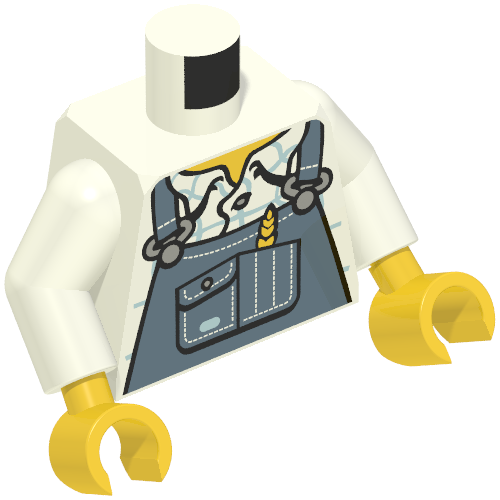 Torse, salopette bleu sable avec oreille de blé dans le motif imprimé poche, bras blancs, mains jaunes (Torso, Sand Blue Overalls with Wheat Ear in Pocket Print, White Arms, Yellow Hands)