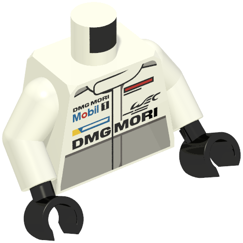 Rendu LDraw de Torse, veste de course, bande gris bleuté clair, mobil 1 et dmg mori logo / porsche, dmg mori et dispositif de comm (radio) sur le dos motif imprimé, bras blancs, mains noires (Torso, Racing Jacket, Light Bluish Gray Band, Mobil 1 and DMG MORI Logo's / PORSCHE, DMG MORI, and Comm Device (Radio) on Back Print, White Arms, Black Hands), couleur indicative