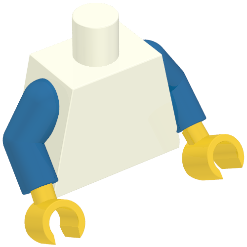 Rendu LDraw de Torse, 'PEOPLE'S SQUARE 2 YEAR ANNIVERSARY' / logo LEGO dos motif imprimé, bras blancs, mains jaunes (Torso, 'PEOPLE'S SQUARE 2 YEAR ANNIVERSARY' / LEGO Logo Back Print, White Arms, Yellow Hands), couleur indicative