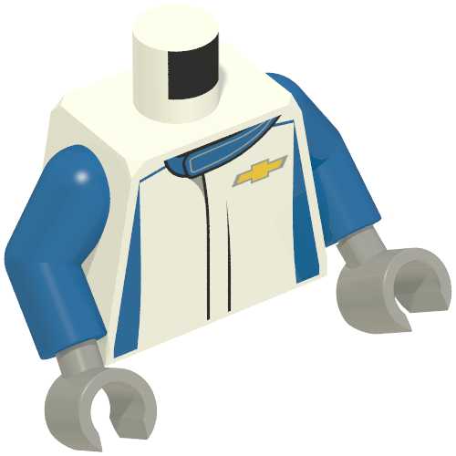 Rendu LDraw de Veste de course de torse, côtés bleus, Chevrolet Logo imprimé, bras bleus, mains gris bleuté clair (Torso Racing Jacket, Blue Sides, Chevrolet Logo Print, Blue Arms, Light Bluish Gray Hands), couleur indicative