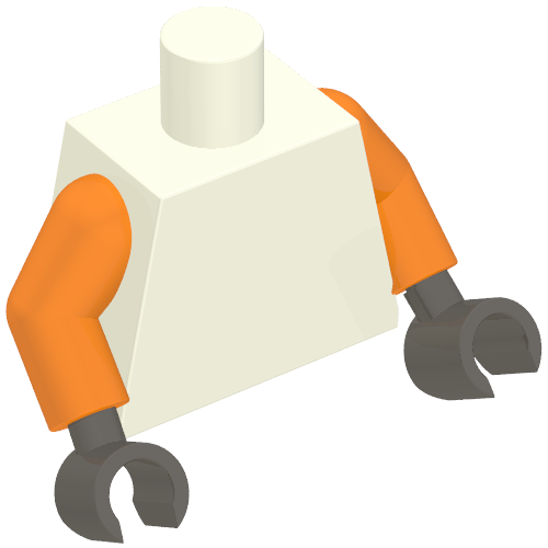 Rendu LDraw de Torse, bras orange, mains gris bleuté foncé [sans motif] (Torso, Orange Arms, Dark Bluish Gray Hands [Plain]), couleur indicative