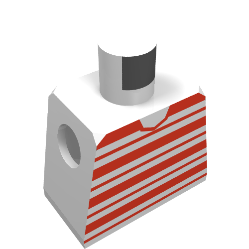 Rendu LDraw de Torse de minifigurine avec motif imprimé de bandes horizontales rouges (Minifig Torso with Red Horizontal Stripes Print), couleur indicative