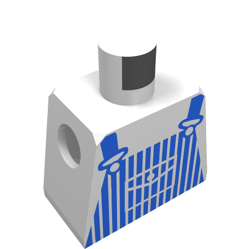 Rendu LDraw de Minifigurine torse avec des salopettes rayées bleues poche motif imprimé (Minifig Torso with Blue Striped Dungarees Print pocket), couleur indicative