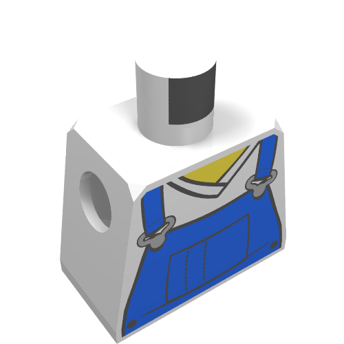Rendu LDraw de Torse de minifigurine avec chemise à col en V et motif imprimé salopette bleue (Minifig Torso with V-Neck Shirt and Blue Overalls Print), couleur indicative