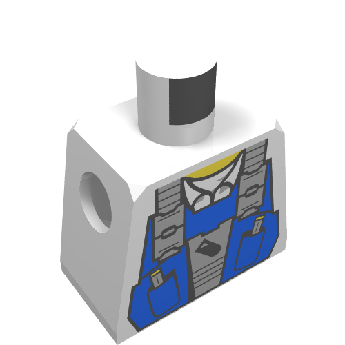 Rendu LDraw de Minifigurine torse avec gilet bleu, col et tube à essai motif imprimé (Minifig Torso with Blue Vest, Collar and Test Tube Print), couleur indicative
