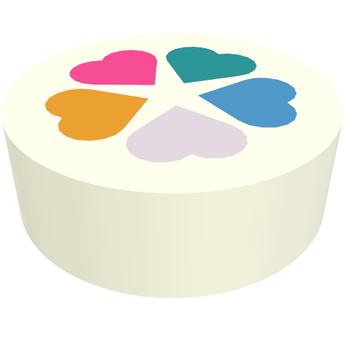 Rendu LDraw de Tuile ronde 1 x 1 avec motif imprimé lavande/turquoise foncée/orange clair/azur foncé/cœurs roses foncés (Tile Round 1 x 1 with Lavender/Dark Turquoise/Bright Light Orange/Dark Azure/Dark Pink Hearts Print), couleur indicative