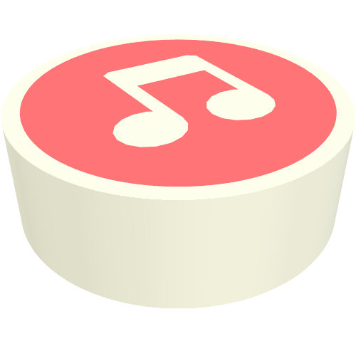 Rendu LDraw de Tuile ronde 1 x 1 avec la note de musique blanche sur le motif imprimé de fond de corail (Tile Round 1 x 1 with White Music Note on Coral Background Print), couleur indicative