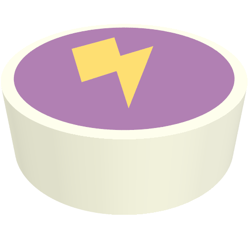 Rendu LDraw de Tuile ronde 1 x 1 avec la foudre jaune sur fond de lavande motif imprimé (Tile Round 1 x 1 with Yellow Lightning on Lavender Background Print), couleur indicative