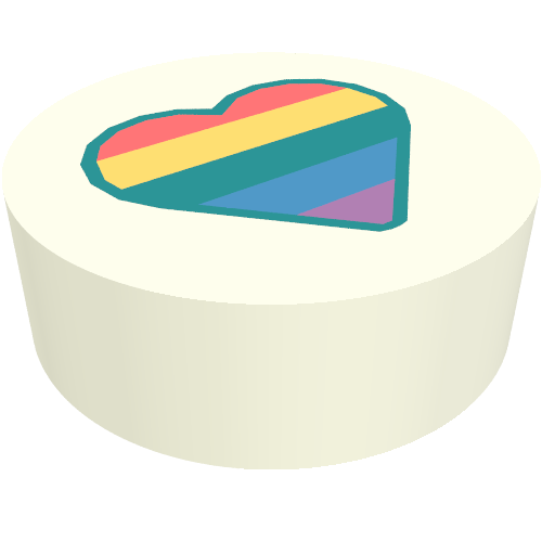 Rendu LDraw de Tuile ronde 1 x 1 avec motif imprimé cœur arc-en-ciel (Tile Round 1 x 1 with Rainbow Heart Print), couleur indicative