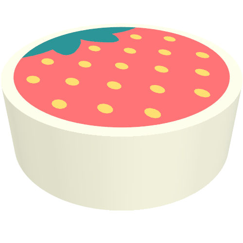 Rendu LDraw de Tuile ronde 1 x 1 avec motif imprimé fraise (Tile Round 1 x 1 with Strawberry Print), couleur indicative