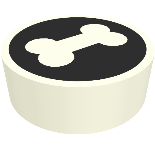 Rendu LDraw de Tuile ronde 1 x 1 avec motif imprimé Os blanc sur fond noir (Tile Round 1 x 1 with White Bone on Black Background Print), couleur indicative