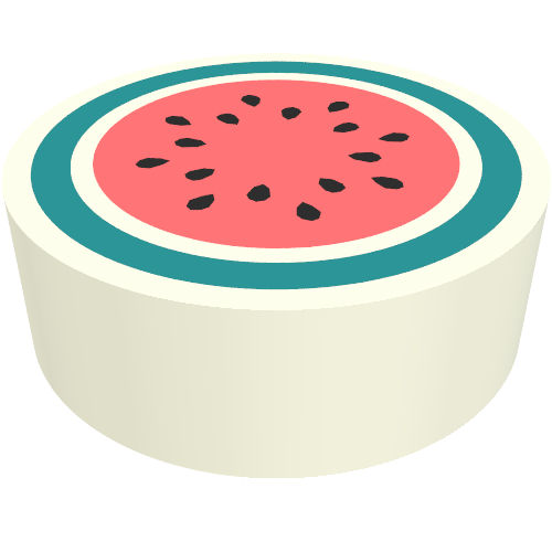 Rendu LDraw de Tuile ronde 1 x 1 avec Pastèque Motif imprimé intérieur (Tile Round 1 x 1 with Watermelon Inside Print), couleur indicative