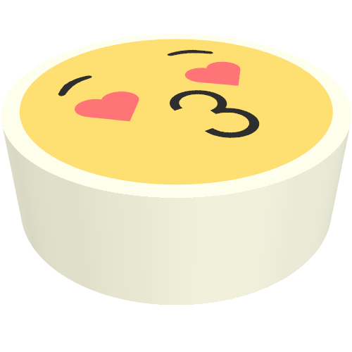Rendu LDraw de Tuile ronde 1 x 1 avec smiley, baiser visage, cœur pour les yeux motif imprimé (Tile Round 1 x 1 with Smiley, Kiss Face, Heart for Eyes Print), couleur indicative