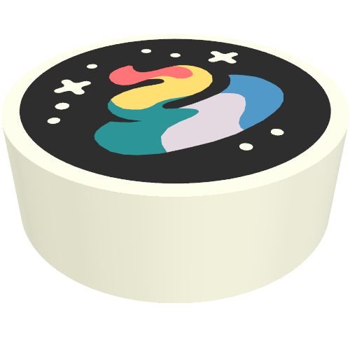Rendu LDraw de Tuile ronde 1 x 1 avec caca arc-en-ciel/tourbe, motif imprimé étoiles (Tile Round 1 x 1 with Rainbow Poop/Turd, Stars Print), couleur indicative
