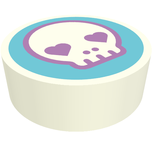 Rendu LDraw de Tuile ronde 1 x 1 avec crâne, cœurs de lavande pour les yeux sur fond azur moyen imprimé (Tile Round 1 x 1 with Skull, Lavender Hearts for Eyes on Medium Azure Background Print), couleur indicative