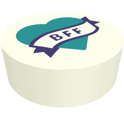 Rendu LDraw de Tuile ronde 1 x 1 avec bannière violet foncé 'BFF' sur cœur turquoise foncé (Tile Round 1 x 1 with Dark Purple Banner 'BFF' on Dark Turquoise Heart), couleur indicative