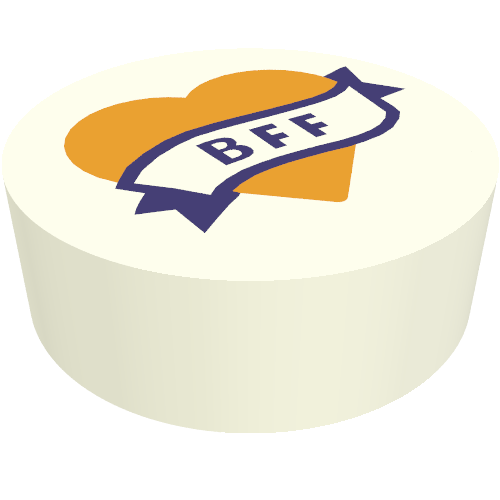 Rendu LDraw de Tuile ronde 1 x 1 avec bannière violet foncé 'BFF' sur cœur orange clair (Tile Round 1 x 1 with Dark Purple Banner 'BFF' on Bright Light Orange Heart), couleur indicative