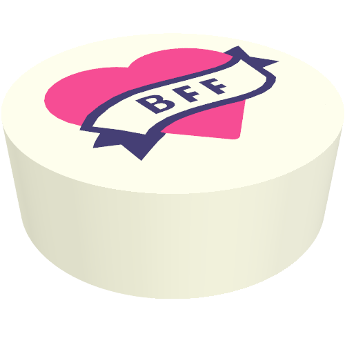 Rendu LDraw de Tuile ronde 1 x 1 avec bannière violet foncé 'BFF' sur cœur rose foncé (Tile Round 1 x 1 with Dark Purple Banner 'BFF' on Dark Pink Heart), couleur indicative