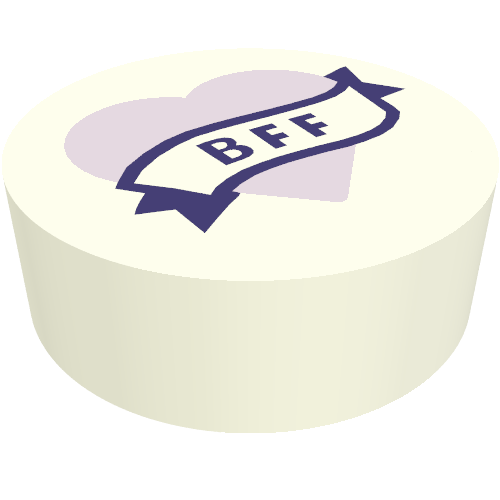 Rendu LDraw de Tuile ronde 1 x 1 avec la bannière violet foncé 'BFF' sur le cœur de lavande (Tile Round 1 x 1 with Dark Purple Banner 'BFF' on Lavender Heart), couleur indicative