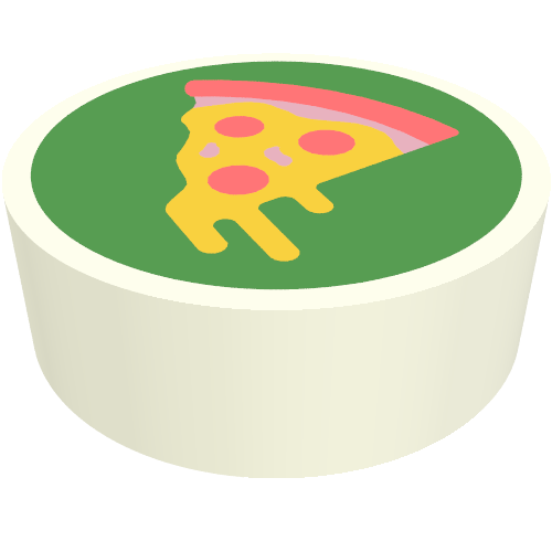 Rendu LDraw de Tuile ronde 1 x 1 avec Pizza tranche sur fond vert motif imprimé (Tile Round 1 x 1 with Pizza Slice on Green Background Print), couleur indicative