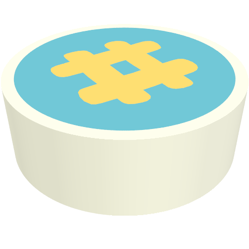 Rendu LDraw de Tuile ronde 1 x 1 avec motif imprimé jaune clair # sur fond azur moyen (Tile Round 1 x 1 with Bright Light Yellow # on Medium Azure Background Print), couleur indicative