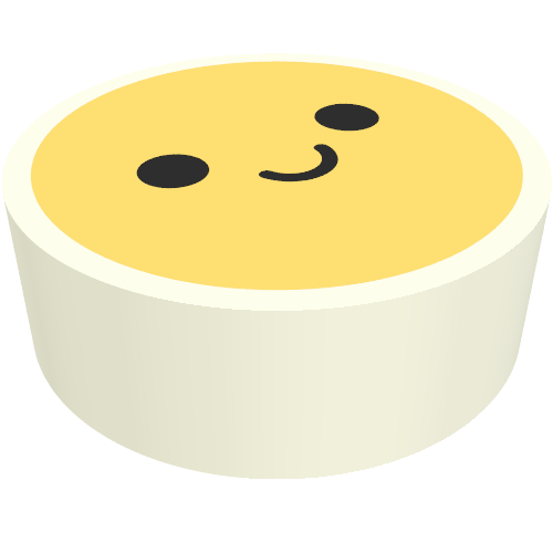 Rendu LDraw de Tuile ronde 1 x 1 avec motif imprimé visage heureux jaune (Tile Round 1 x 1 with Yellow Happy Face Print), couleur indicative
