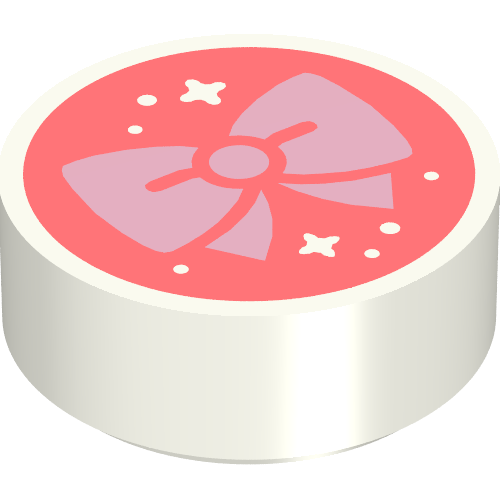 Rendu LDraw de Tuile ronde 1 x 1 avec arc rose vif sur fond corail motif imprimé (Tile Round 1 x 1 with Bright Pink Bow on Coral Background Print), couleur indicative