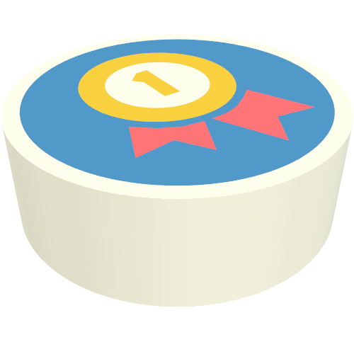 Rendu LDraw de Tuile ronde 1 x 1 avec médaille jaune, ruban de corail sur fond bleu imprimé (Tile Round 1 x 1 with Yellow Medal, Coral Ribbon on Blue Background Print), couleur indicative