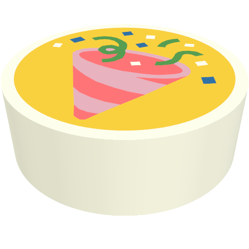 Rendu LDraw de Tuile ronde 1 x 1 avec chapeau de fête rose sur fond orange vif motif imprimé (Tile Round 1 x 1 with Pink Party Hat on Bright Light Orange Background Print), couleur indicative