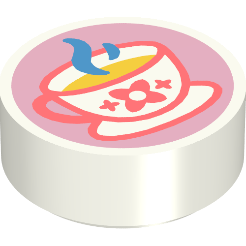 Rendu LDraw de Tuile ronde 1 x 1 avec tasse de café / thé sur fond rose vif motif imprimé (Tile Round 1 x 1 with Cup of Coffee/Tea on Bright Pink Background Print), couleur indicative