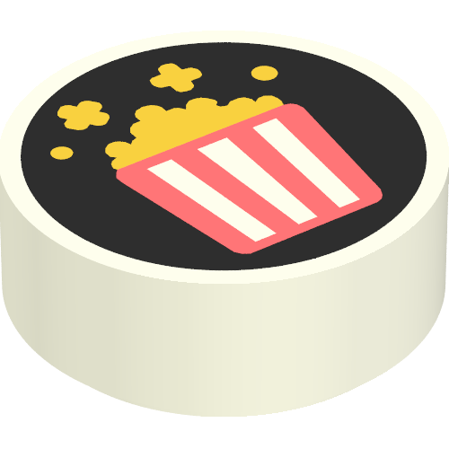 Rendu LDraw de Tuile ronde 1 x 1 avec seau de popcorn sur fond noir motif imprimé (Tile Round 1 x 1 with Bucket of Popcorn on Black Background Print), couleur indicative