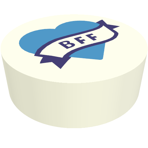 Rendu LDraw de Tuile ronde 1 x 1 avec bannière violet foncé 'BFF' sur cœur azur foncé (Tile Round 1 x 1 with Dark Purple Banner 'BFF' on Dark Azure Heart), couleur indicative