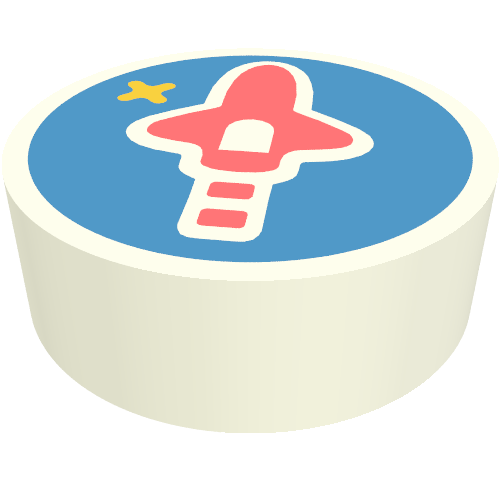 Rendu LDraw de Tuile ronde 1 x 1 avec fusée de corail sur fond bleu motif imprimé (Tile Round 1 x 1 with Coral Rocket on Blue Background Print), couleur indicative