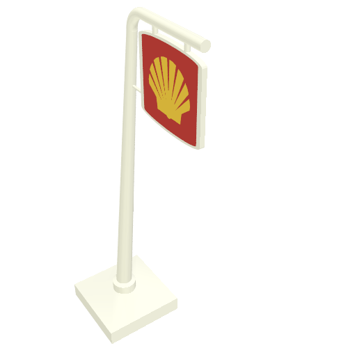 Rendu LDraw de Panneau de signalisation en porte-à-faux courbé avec logo de la coquille motif imprimé (Road Sign Cantilever Curved with Shell Logo Print), couleur indicative