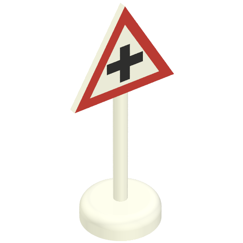Rendu LDraw de Panneau de signalisation Vieux Triangle avec motif imprimé '+' (Road Sign Old Triangle with '+' Print Single Piece Unit), couleur indicative