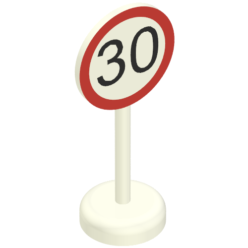 Rendu LDraw de Vieux rond avec la limite de vitesse '30' motif imprimé unité d'une seule pièce (Road Sign Old Round with '30' Speed Limit Print Single Piece Unit), couleur indicative