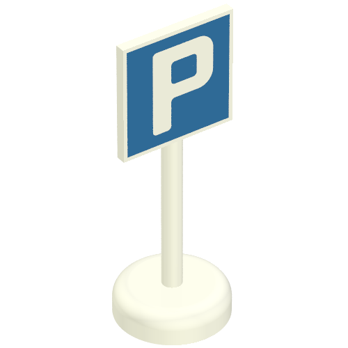 Rendu LDraw de Panneau routier vieux carré avec parking 'P' motif imprimé unité monobloc (Road Sign Old Square with Parking 'P' Print Single Piece Unit), couleur indicative