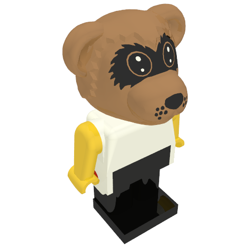 Rendu LDraw de Fabuland figurine Raccoon - Torse blanc avec bras et mains jaunes - Jambes noires (Fabuland Figure Raccoon - White Torso with Yellow Arms and Hands - Black Legs), couleur indicative