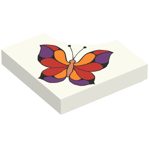 Rendu LDraw de Tuile spéciale 2 x 2 sans 1 x 1 quart de cercle avec motif imprimé papillon Scala (Tile Special 2 x 2 without 1 x 1 Quarter Circle with Scala Butterfly Print), couleur indicative