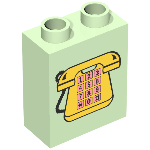 Rendu LDraw de Duplo Brique 1 x 2 x 2 avec Yellow Telephone, and Pink Buttons Print, couleur indicative