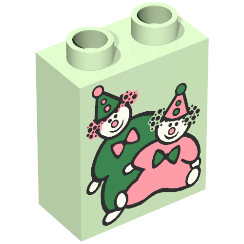 Rendu LDraw de Duplo Brique 1 x 2 x 2 avec Two Clowns Print, couleur indicative
