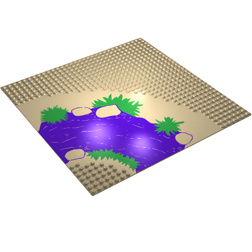Rendu LDraw de Baseplate 32 x 32 avec 7-tenon Curve avec River, Plants, and Rocks Print, couleur indicative