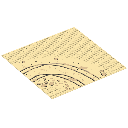 Rendu LDraw de Baseplate 32 x 32 avec 7-tenon Curve avec Rocks and Ruts / Dirt Road Print, couleur indicative