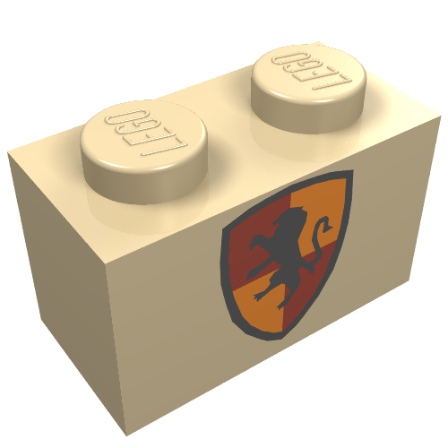 Rendu LDraw de Brique 1 x 2 avec Lion Noir sur motif imprimé Bouclier Rouge/Or (Brick 1 x 2 with Black Lion on Red/Gold Shield Print), couleur indicative