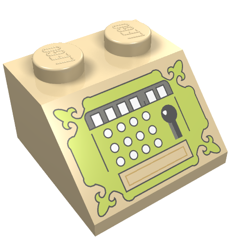 Rendu LDraw de Brique inclinée 45° 2 x 2 avec motif imprimé caisse enregistreuse vert sable (Brick Sloped 45° 2 x 2 with Sand Green Cash Register Print), couleur indicative