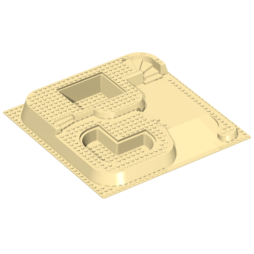 Rendu LDraw de Baseplate Raised 32 x 32 avec Ramp, Stairs, and Two Pits avec Slate Ramp and Gray Pool Print, couleur indicative