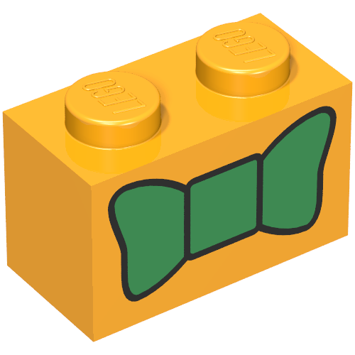 Rendu LDraw de Brique 1 x 2 avec motif imprimé noeud papillon vert (Brick 1 x 2 with Green Bow Tie Print), couleur indicative
