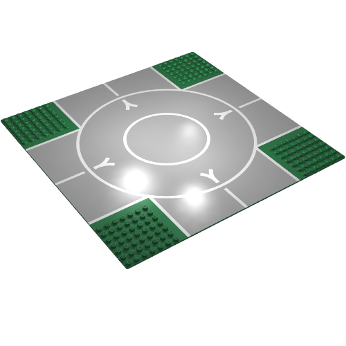Rendu LDraw de Baseplate 32 x 32 avec 7-tenon Crossroads avec Runway Narrow Print, couleur indicative
