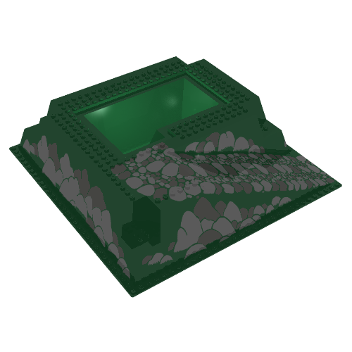 Rendu LDraw de Plaque de base surélevée 32 x 32 avec rampe et fosse, roches motif imprimé gris clair et foncé (Baseplate Raised 32 x 32 with Ramp and Pit, Rocks Light and Dark Gray Print), couleur indicative