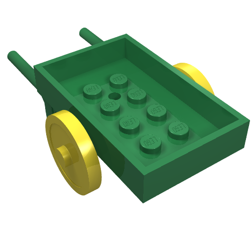 Rendu LDraw de Fabuland, Équipement Brouette avec 2 roues jaunes et axe rouge [Assemblage complet] (Fabuland, Equipment Wheelbarrow with 2 Yellow Wheels and Red Axle [Complete Assembly]), couleur indicative